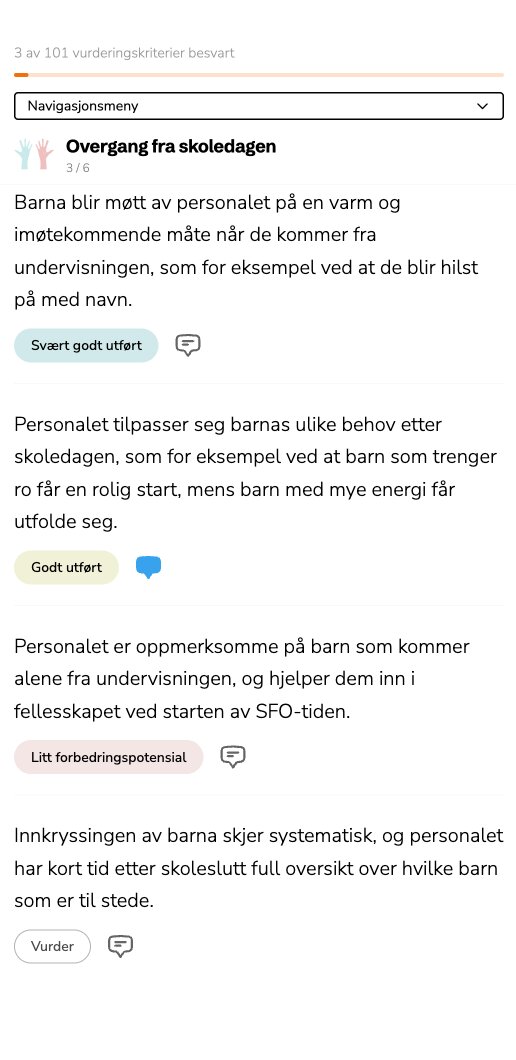 Observasjonsverktøyet på mobil — vurderingskriterier med Vurder-knapper