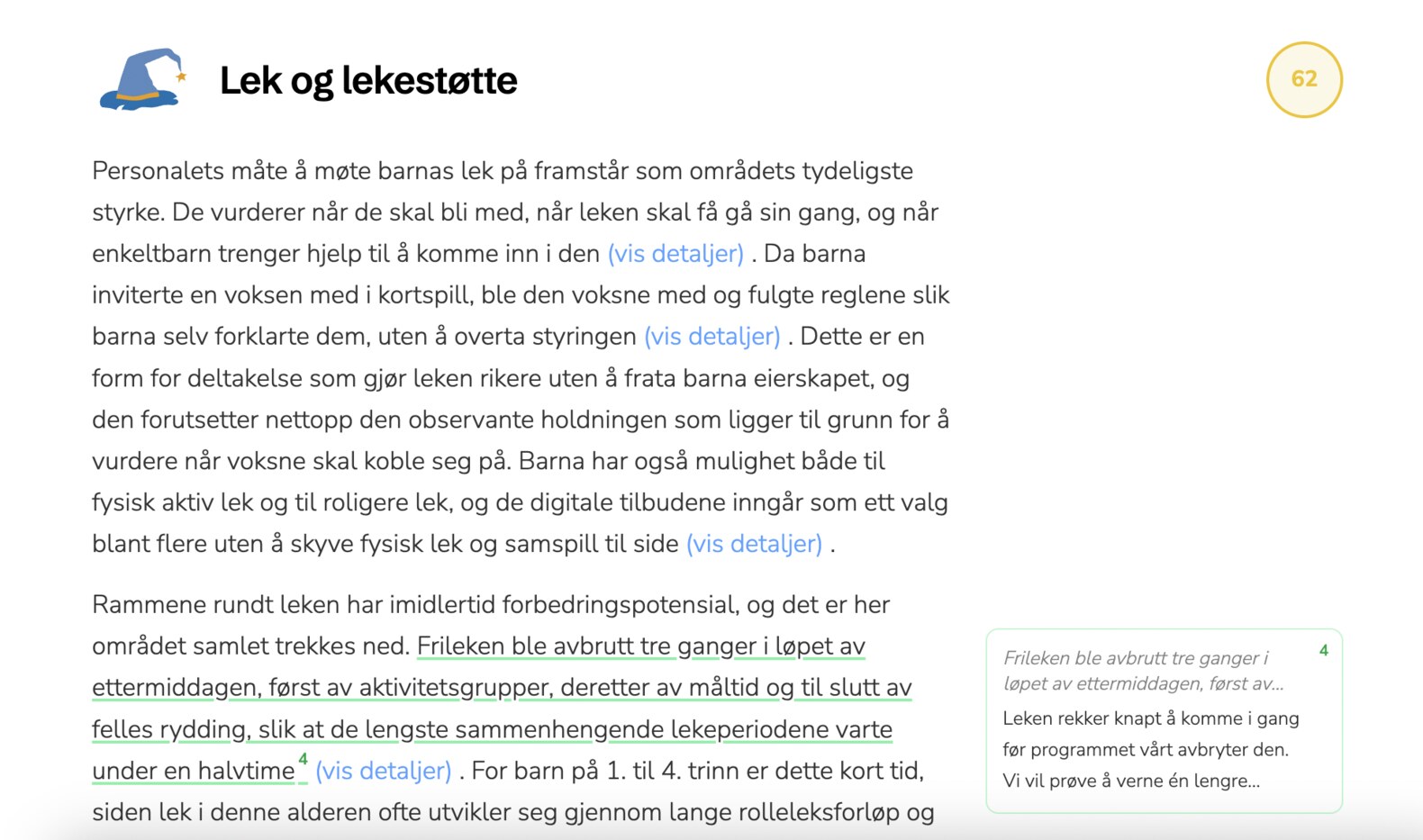 Skjermbilde av kvalitetsrapporten med setningsrefleksjoner