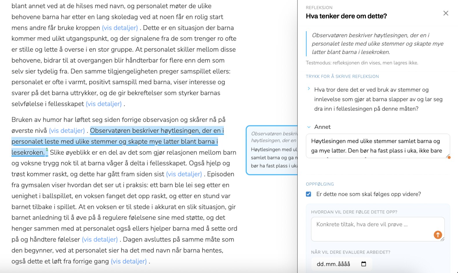 Refleksjonspanelet — markert setning, refleksjonsspørsmål, personalets refleksjon og oppfølging